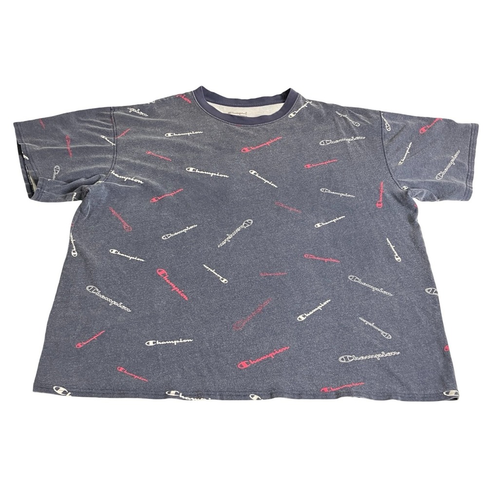 Champion T Shirt Mens 2XL Navy Faded All Over Script Logo AOP Grunge Streetwear